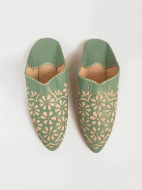 Moroccan Decorative Daisy Babouche Slippers, Sage