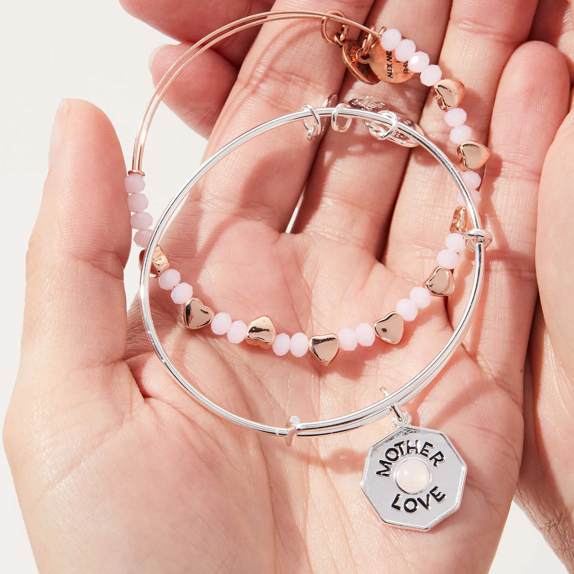 'Mother, Love' Rose Quartz Charm Bangle Bracelet