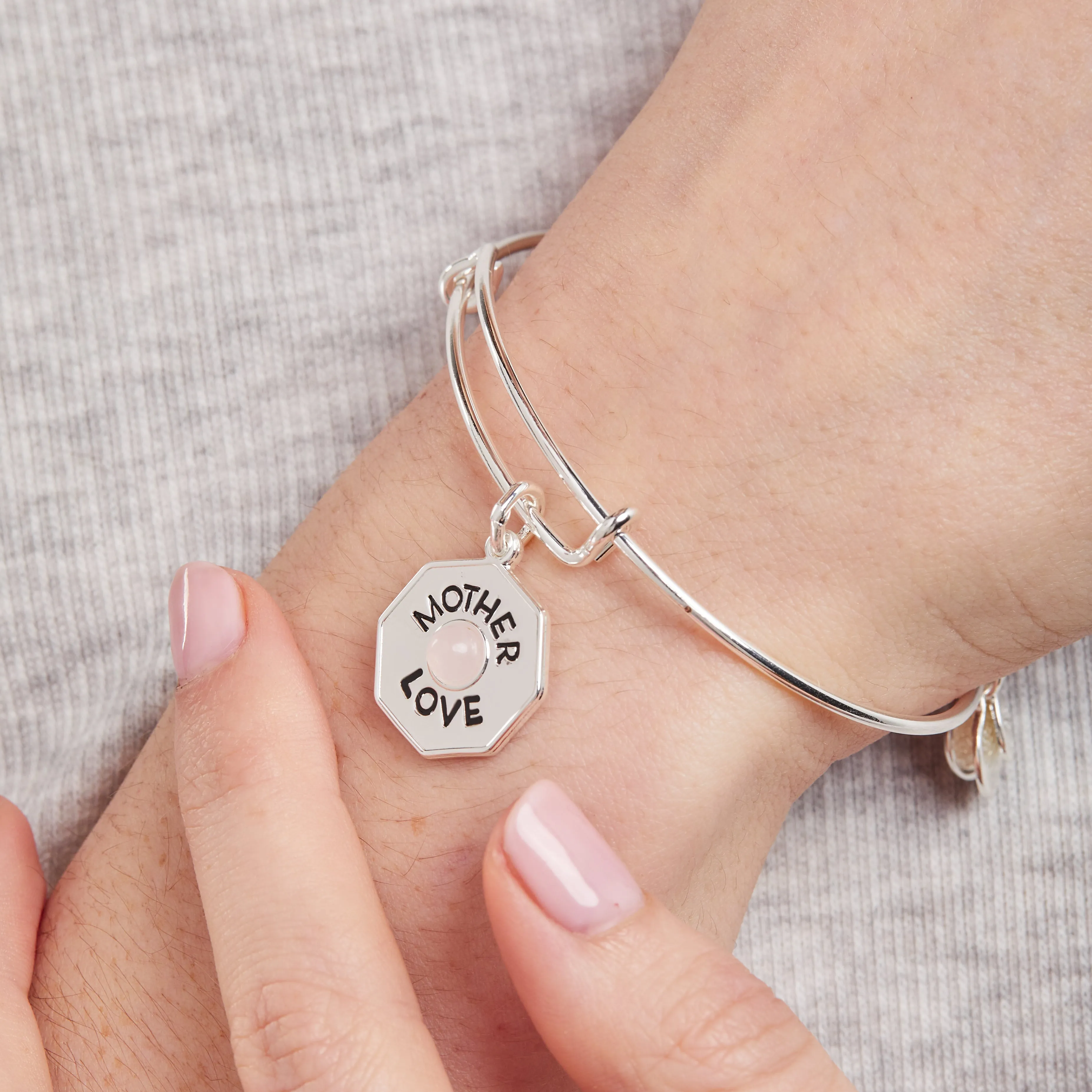 'Mother, Love' Rose Quartz Charm Bangle Bracelet