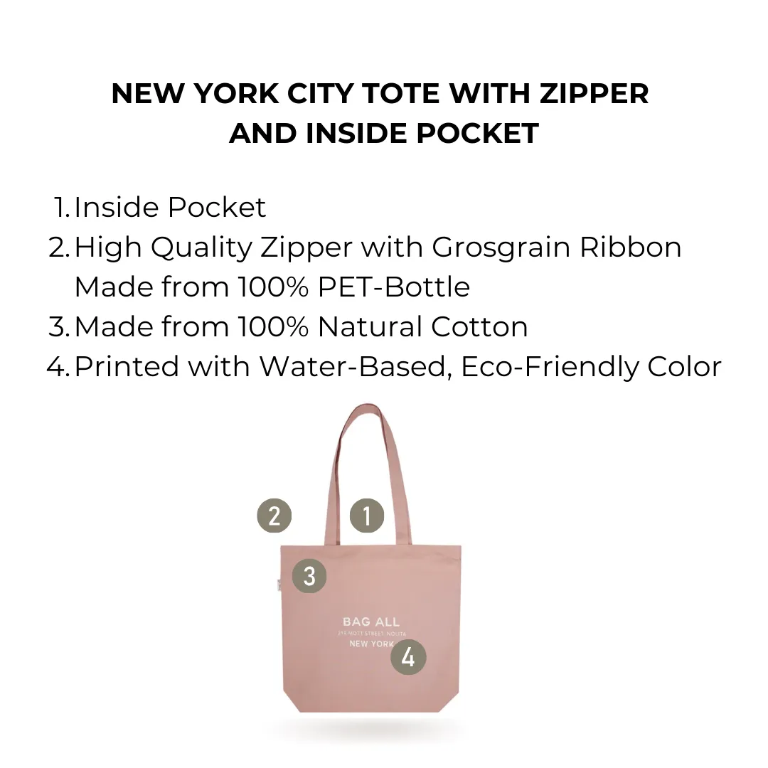 New York City Tote with Zipper and Inside Pocket, Pink/Blush