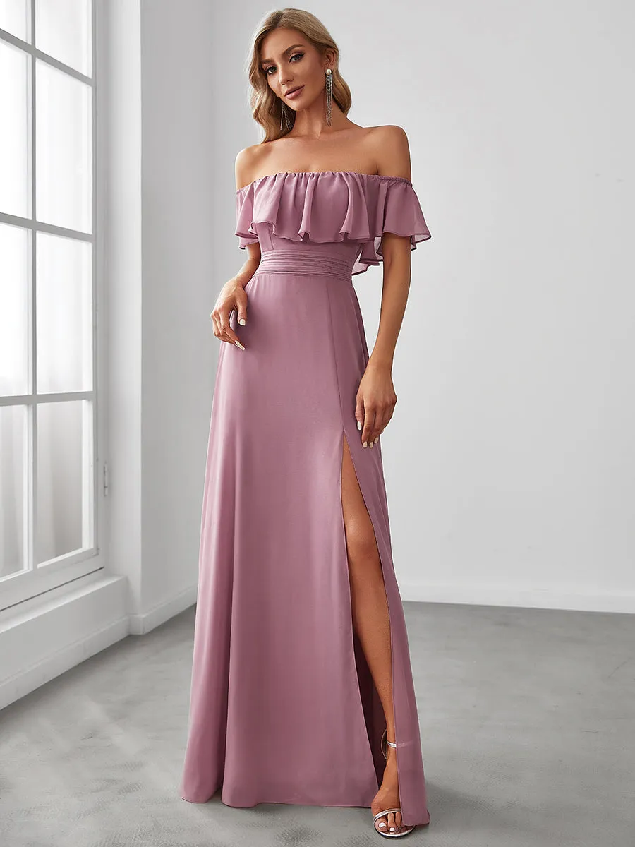 Off Shoulder Ruffles Thigh Split Wholesale Bridesmaid Dresses