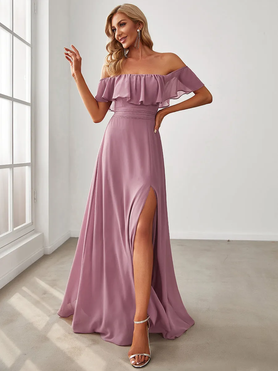 Off Shoulder Ruffles Thigh Split Wholesale Bridesmaid Dresses