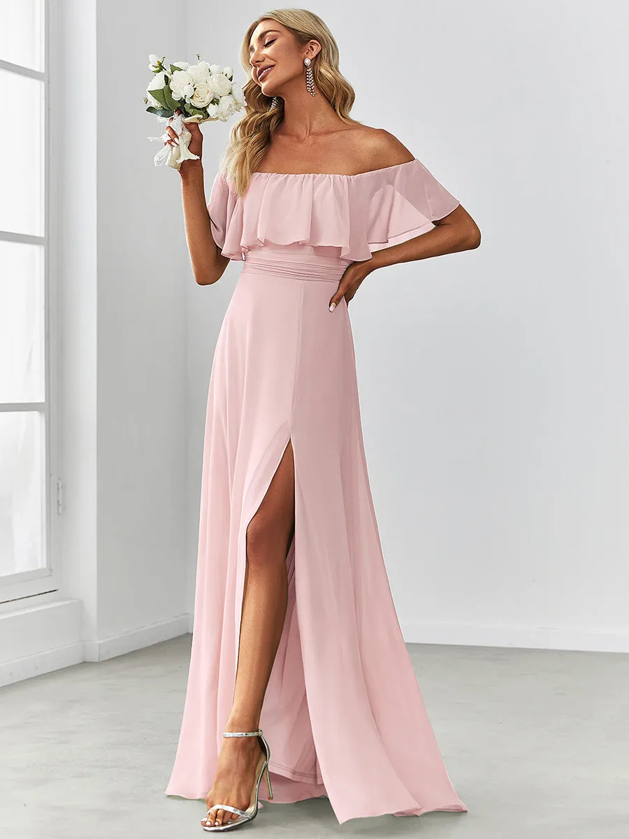 Off Shoulder Ruffles Thigh Split Wholesale Bridesmaid Dresses