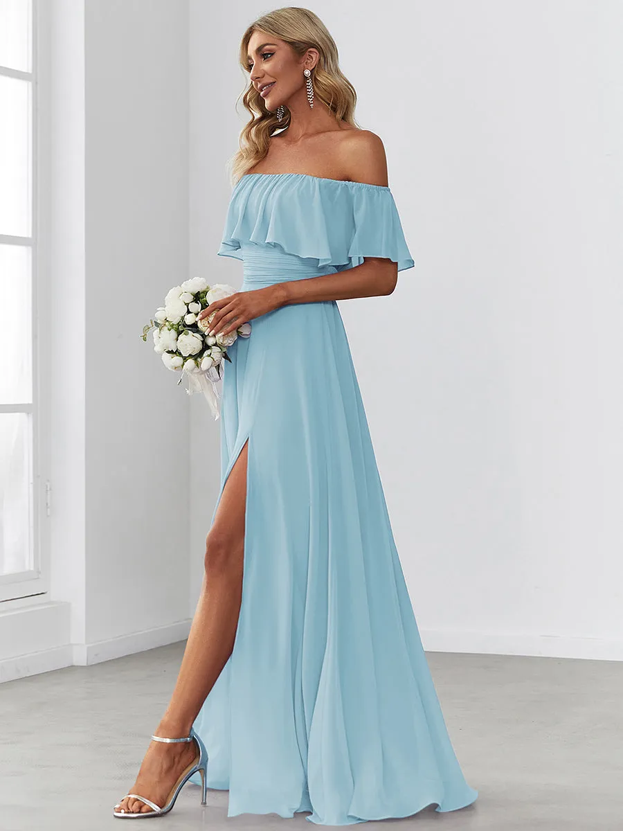 Off Shoulder Ruffles Thigh Split Wholesale Bridesmaid Dresses