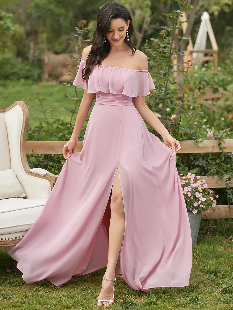 Off Shoulder Ruffles Thigh Split Wholesale Bridesmaid Dresses