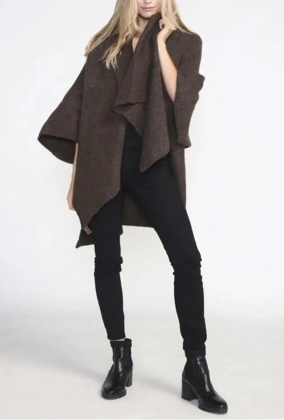 Our classic drape neck detail open cashmere duster *available in black, charcoal, emerald green and lavender