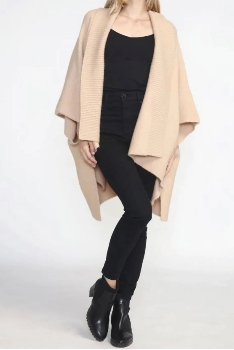 Our classic drape neck detail open cashmere duster *available in black, charcoal, emerald green and lavender