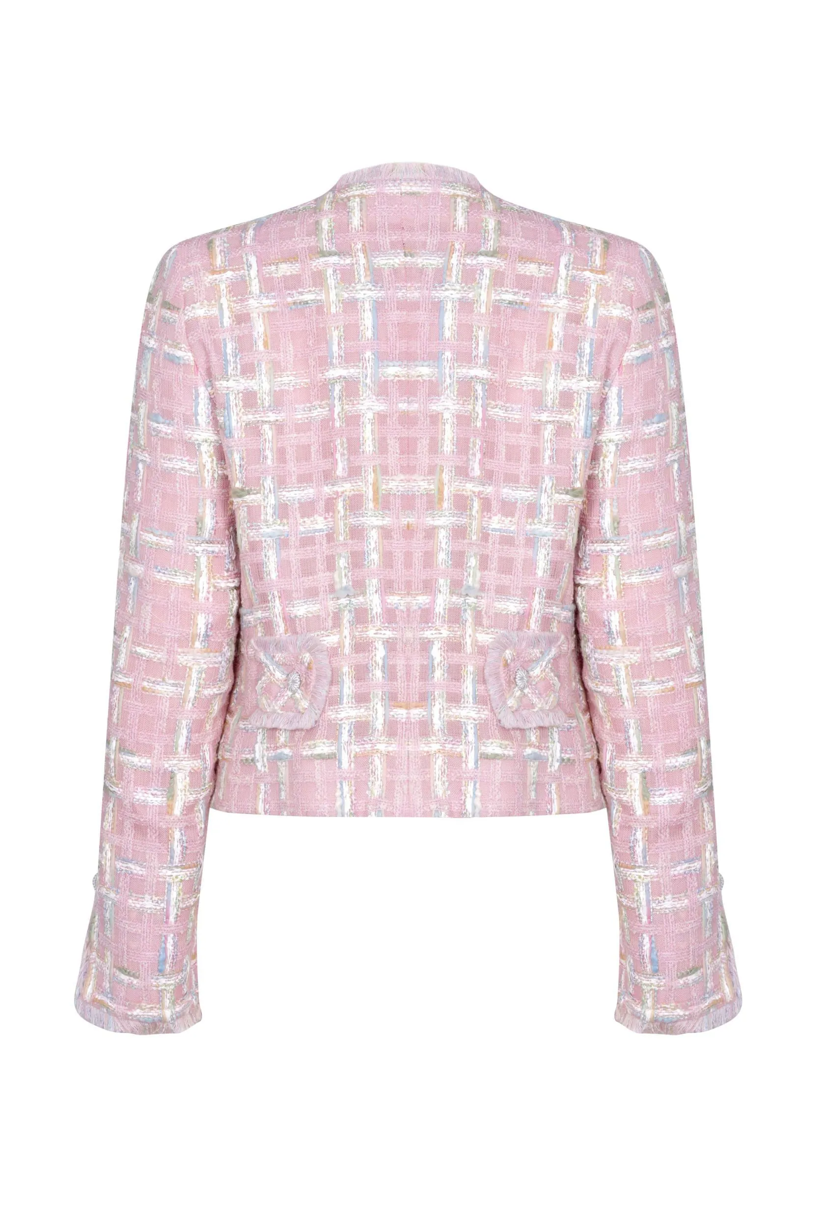 Pale Pink Featherweight Short Tweed Jacket with Pastel Overchecks - Carrie