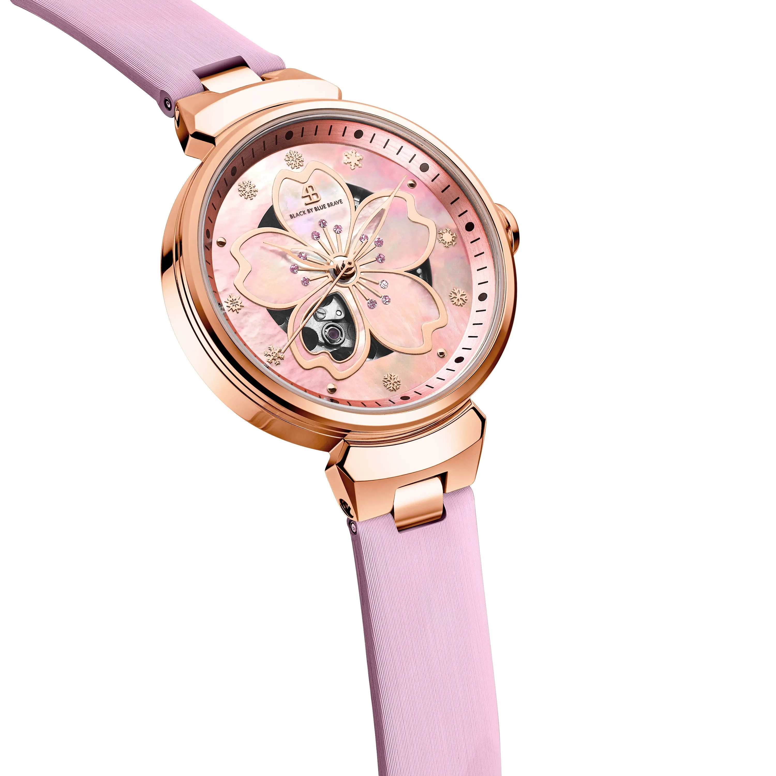 PINK CHERRY BLOSSOM 36MM AUTOMATIC WATCH & ROSEGOLD FLOWER EARRINGS & PINK CERAMIC CERAMIC