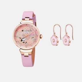 PINK CHERRY BLOSSOM 36MM AUTOMATIC WATCH & ROSEGOLD FLOWER EARRINGS & PINK CERAMIC CERAMIC