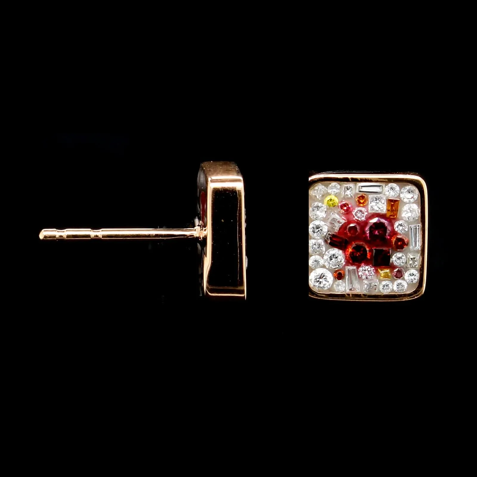 Pleve 18K Rose Gold Estate Color Treated Diamond and Resin Mosaic Earrings