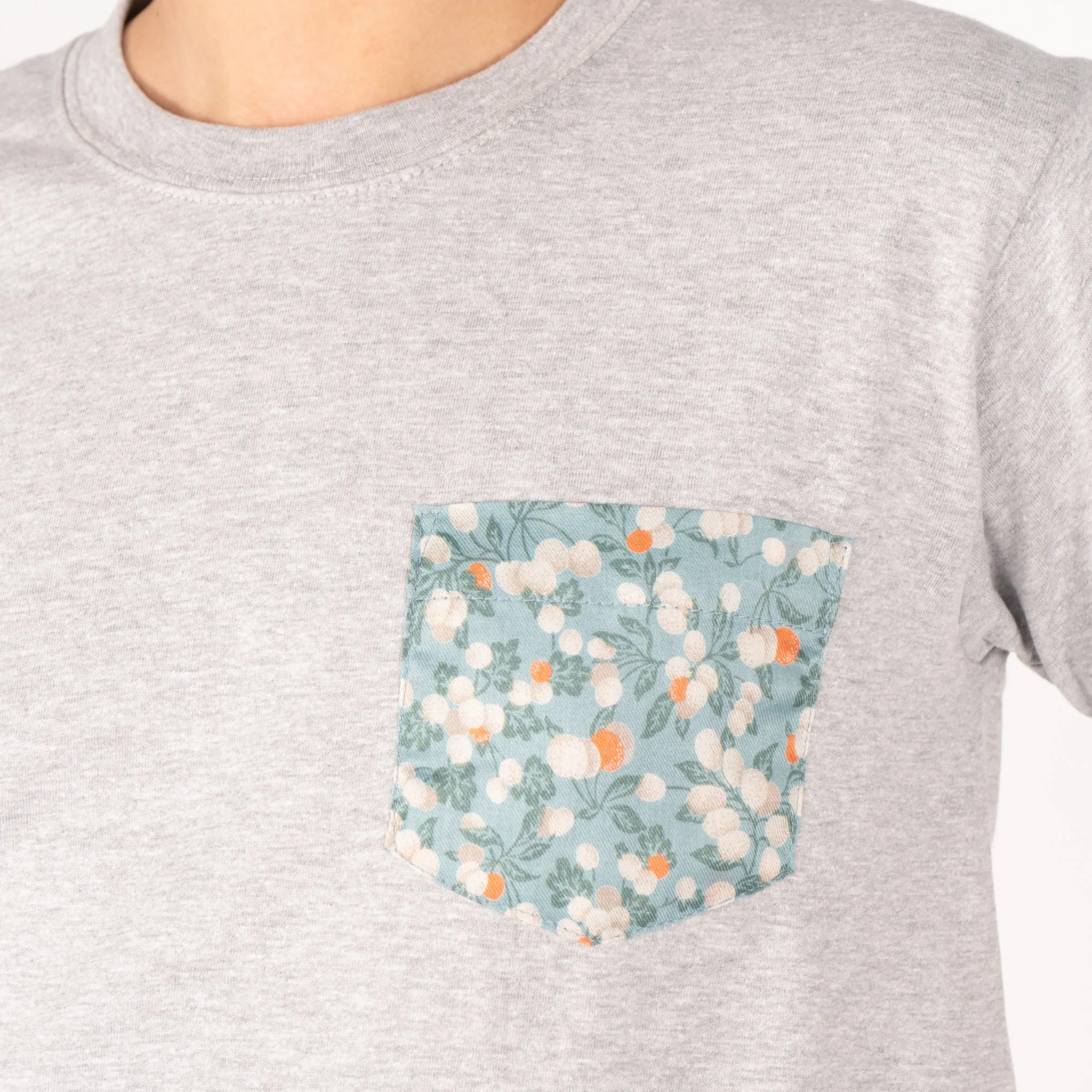 Pocket Tee - Heather Grey - Fruit Print - Cyan