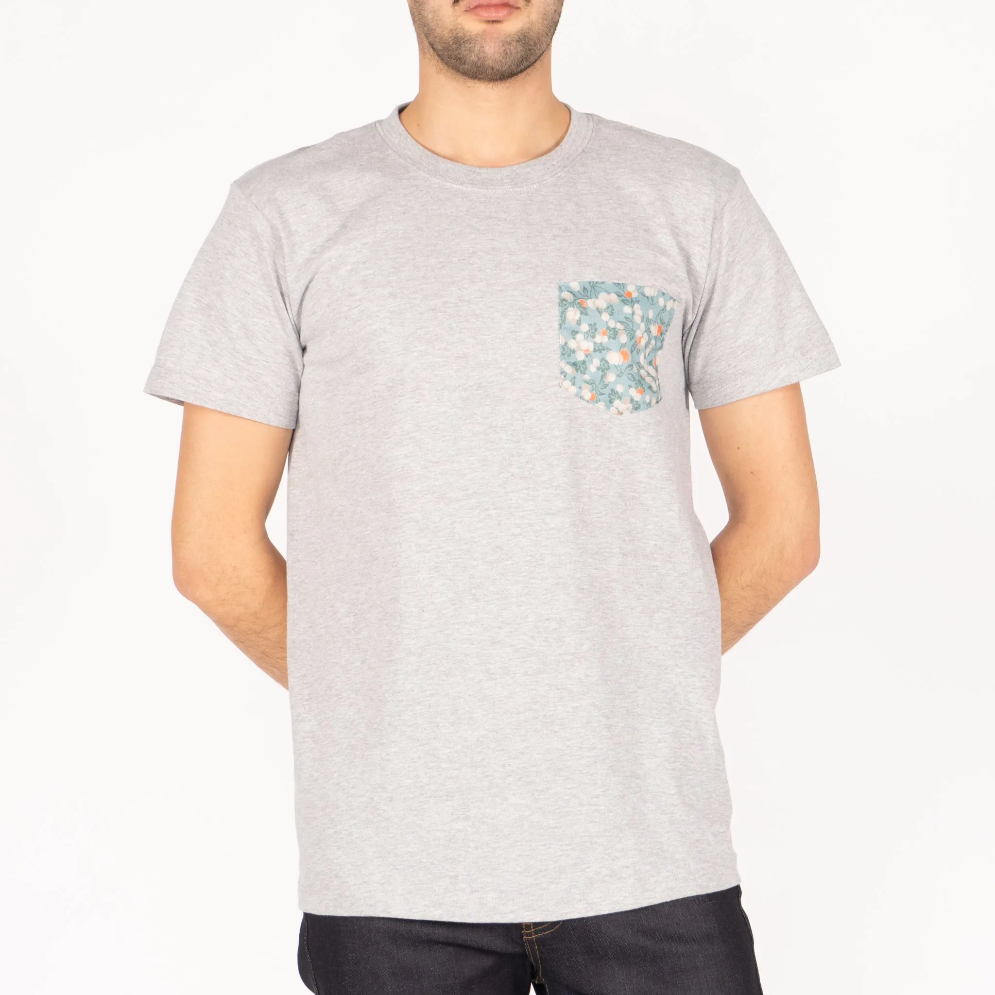 Pocket Tee - Heather Grey - Fruit Print - Cyan