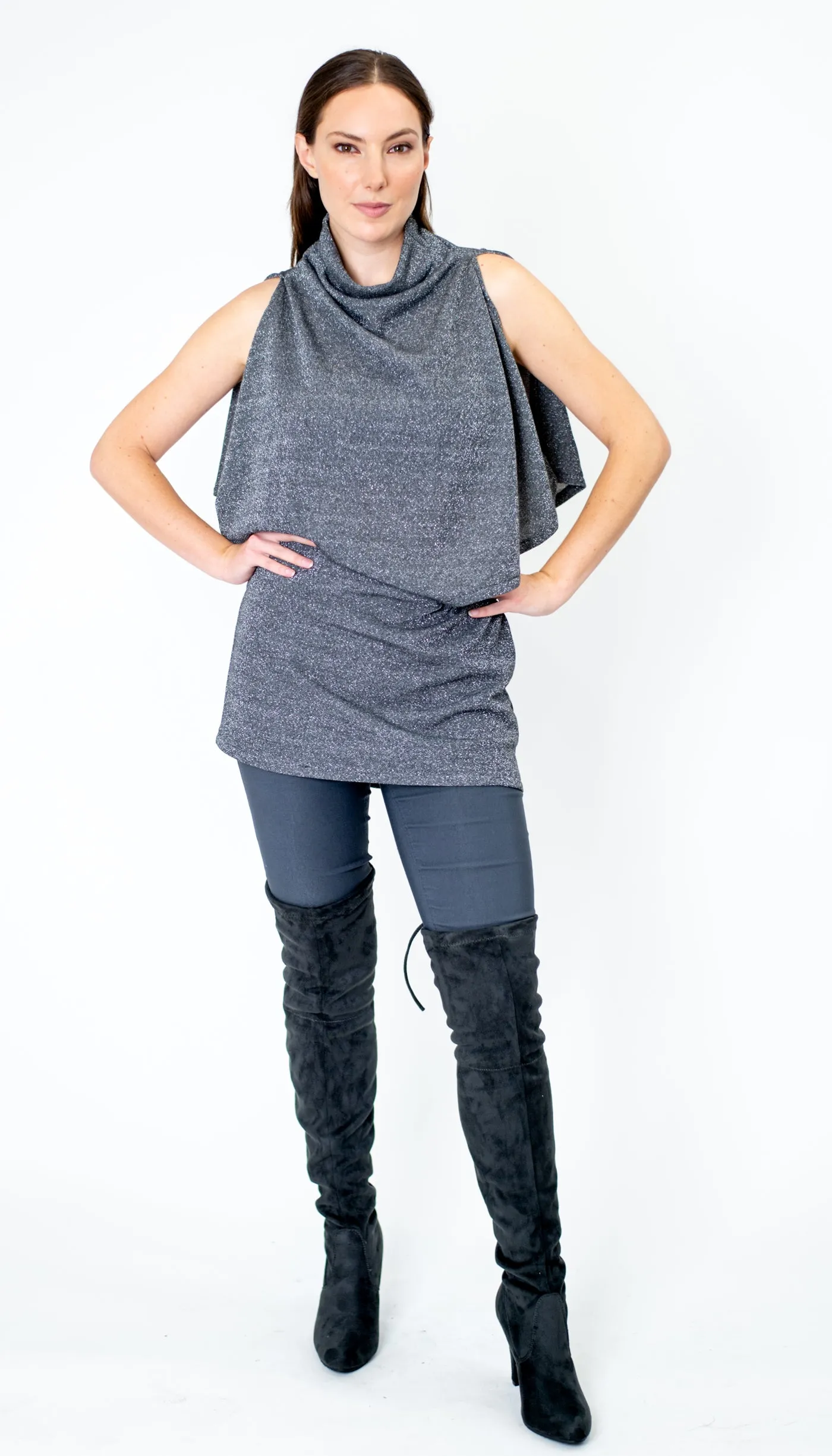 Poncho Tunic Top w/Split Shoulder / Silver Sparkle