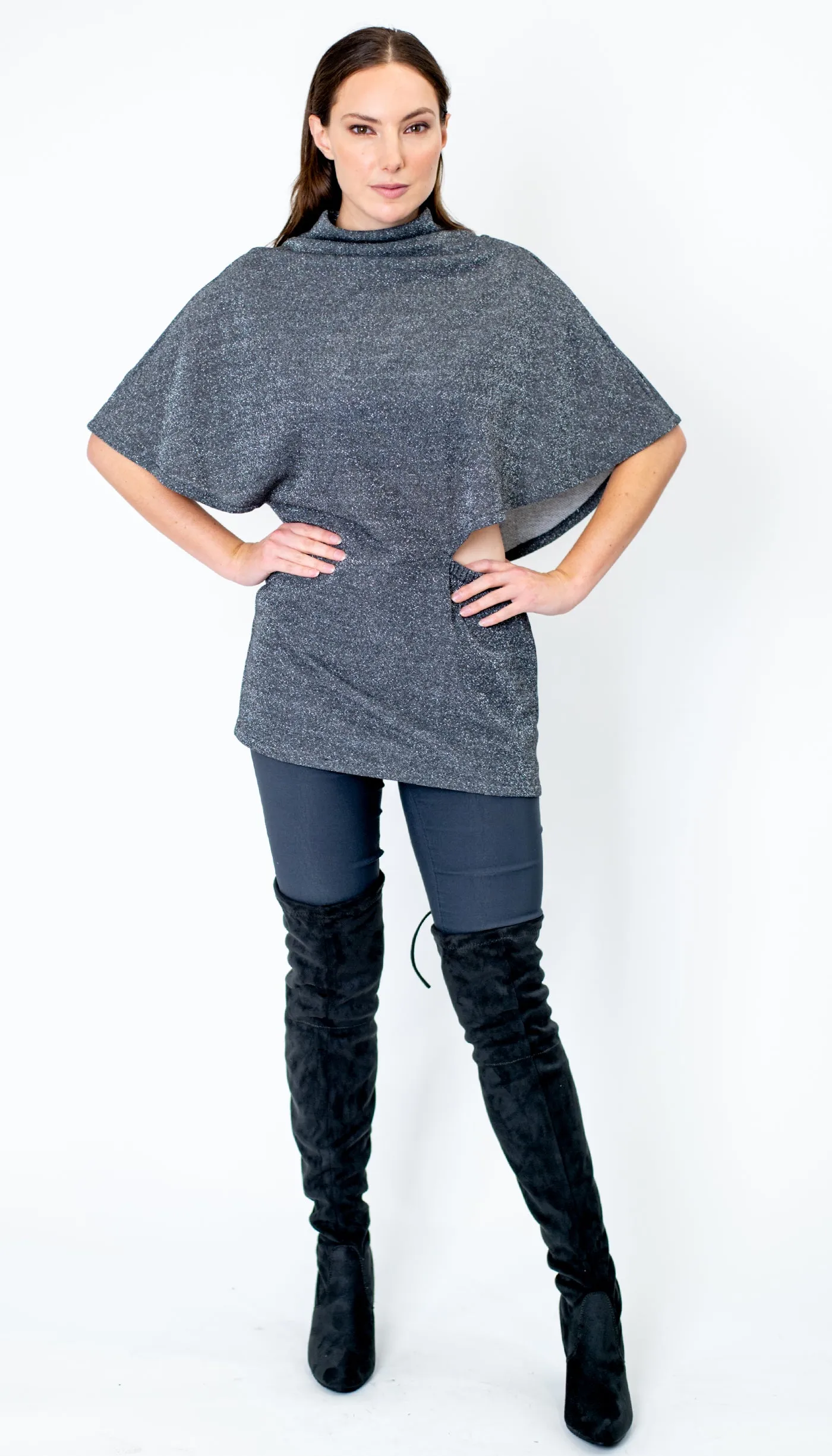 Poncho Tunic Top w/Split Shoulder / Silver Sparkle