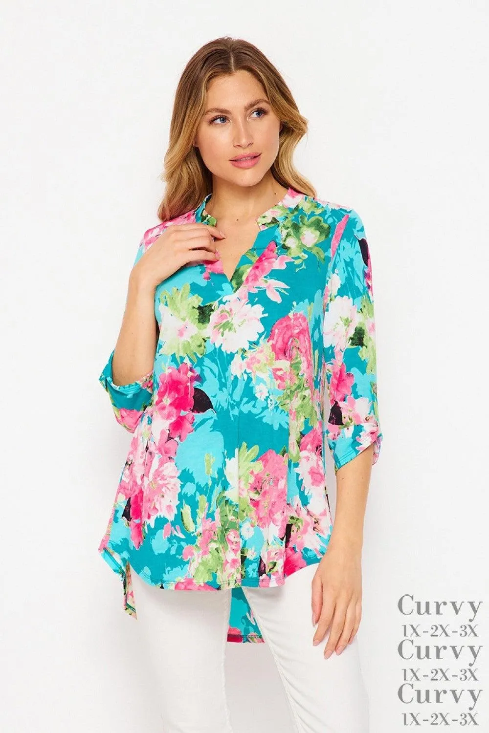 "Goddess" Floral Lizzy 3/4 Sleeve Split Neck