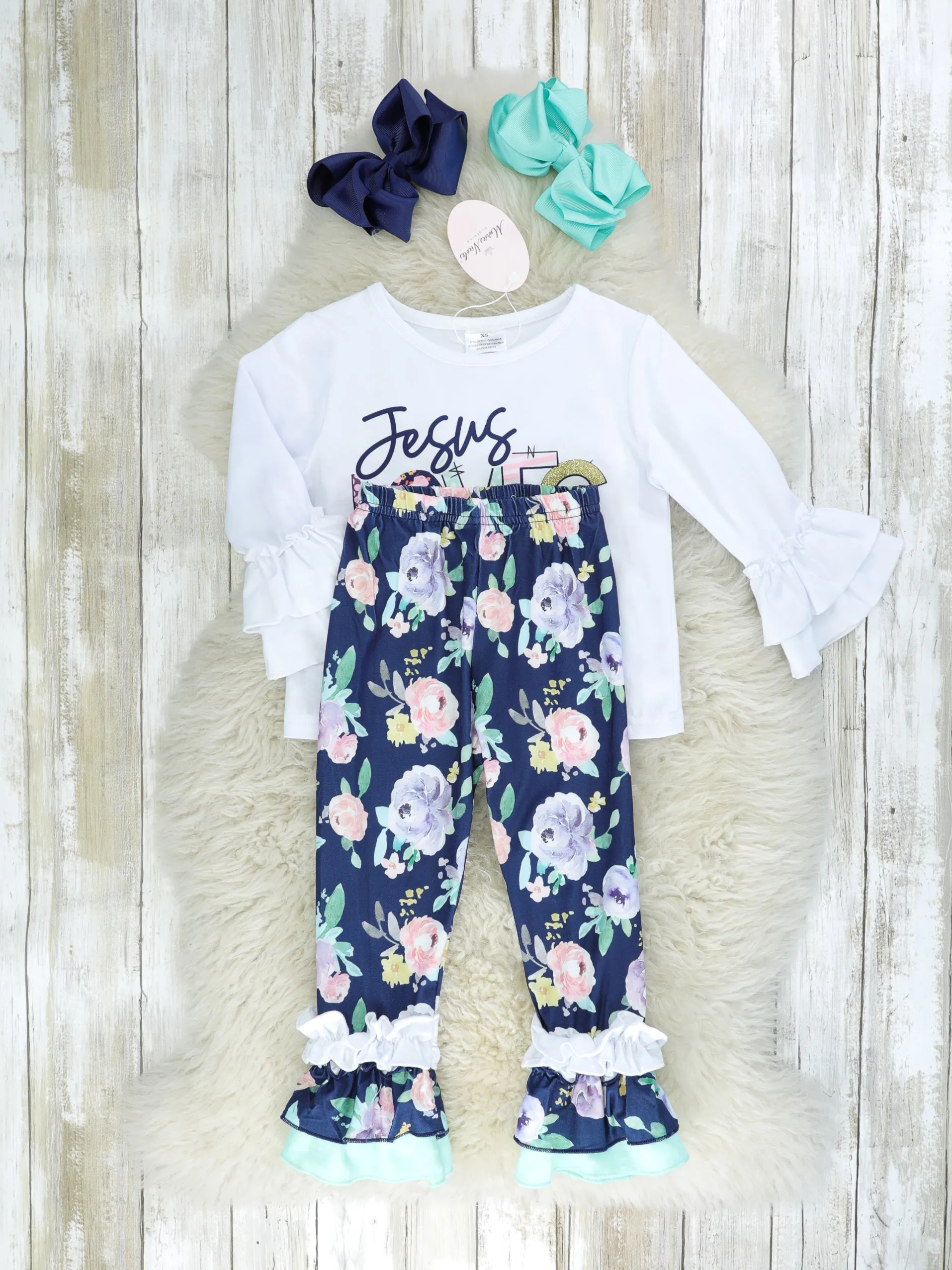 "Jesus Loves Me" Ruffle Top & Floral Pants Outfit