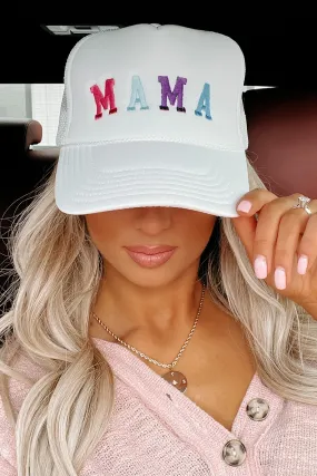 "Mama" Embroidered Foam Trucker Cap (White)