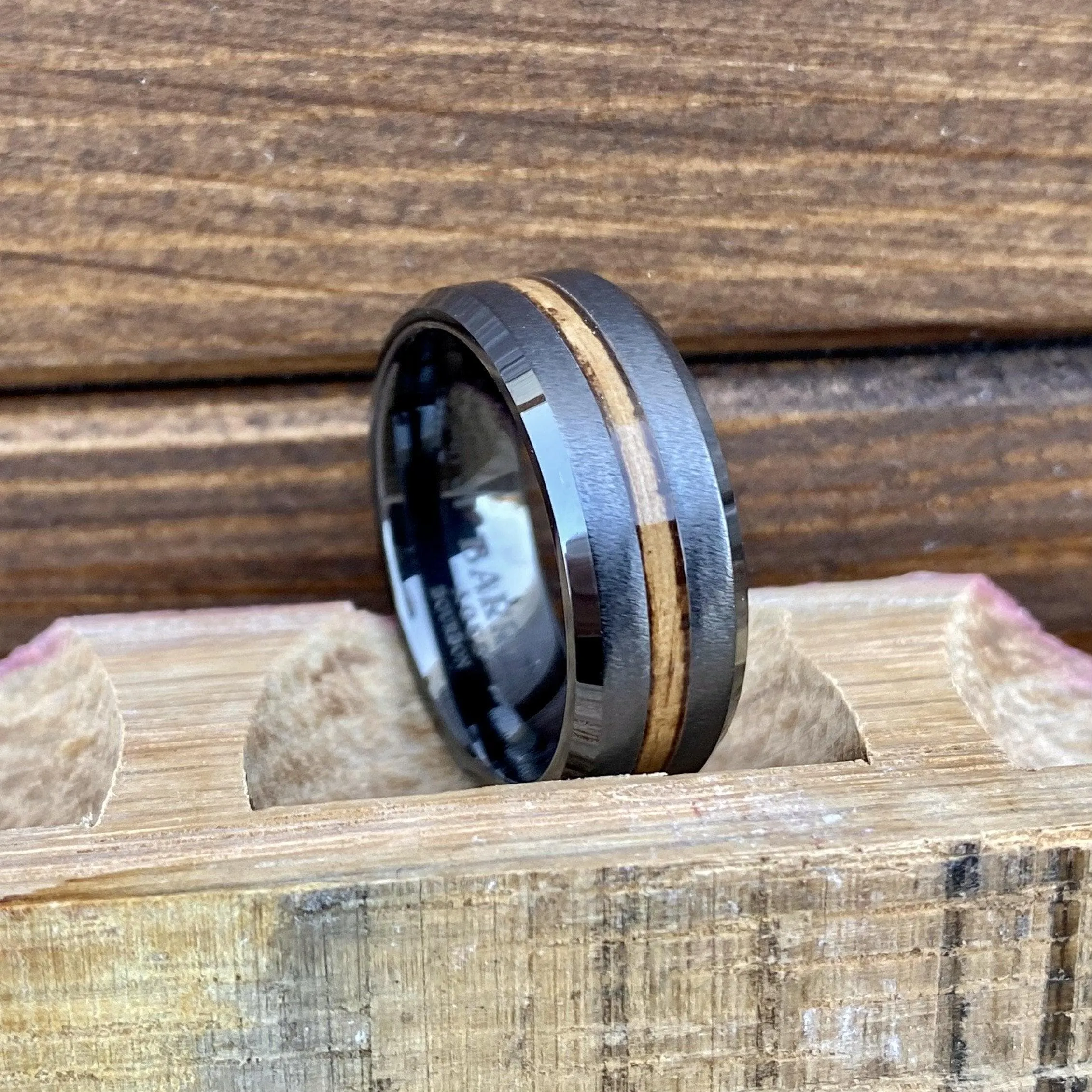 "The Opportunist" 100% USA Made Build Your Own Ring Black Diamond Ceramic Beveled Edge Band with Grain Finish