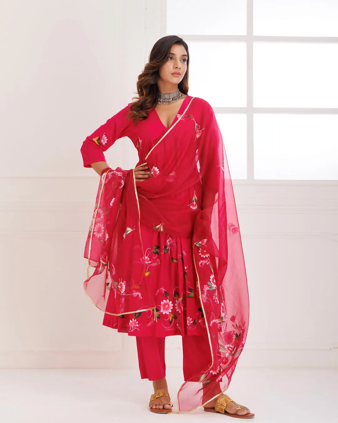 Rangreza Magenta HandPainted Gathered Suit Set - Set of 3