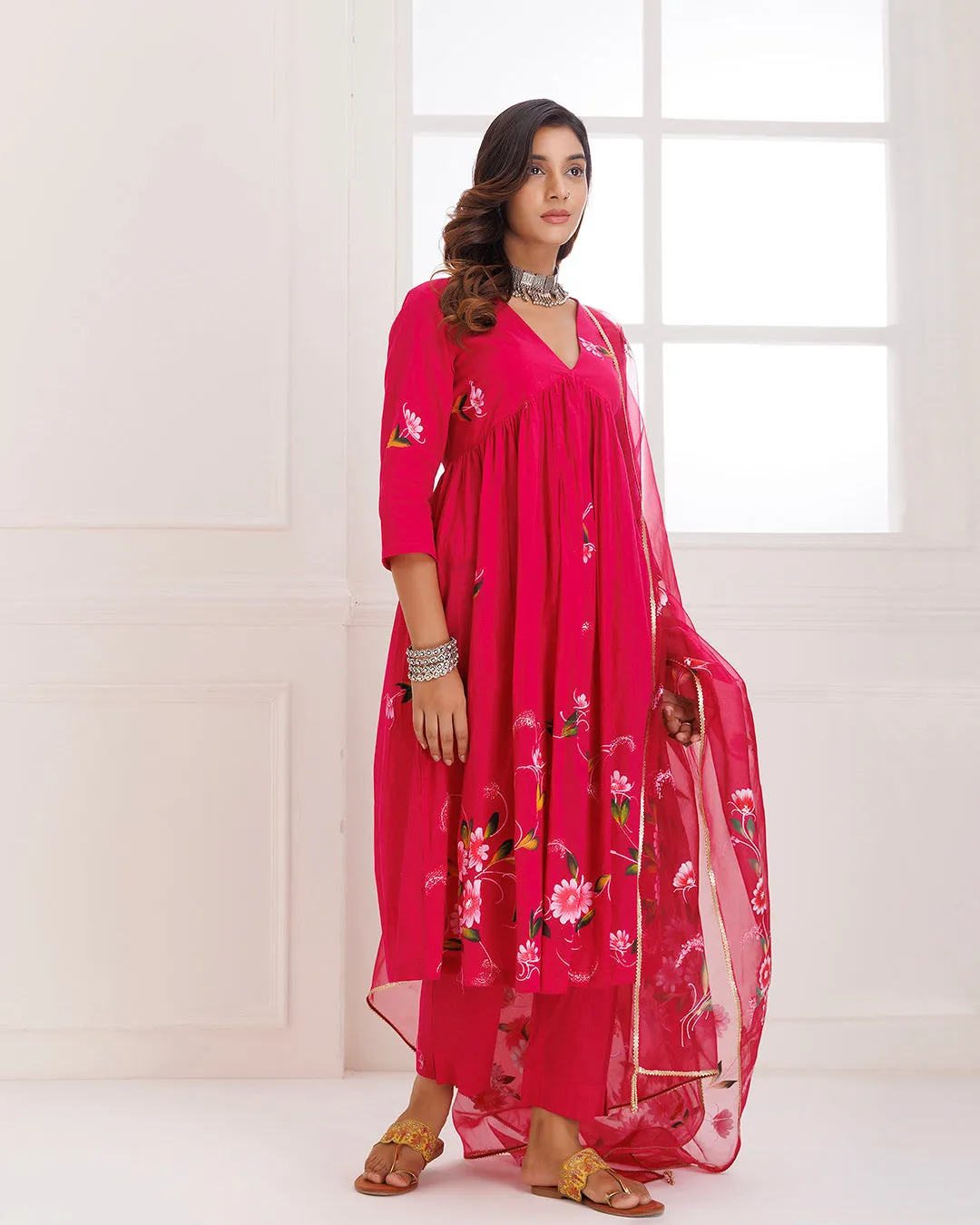 Rangreza Magenta HandPainted Gathered Suit Set - Set of 3