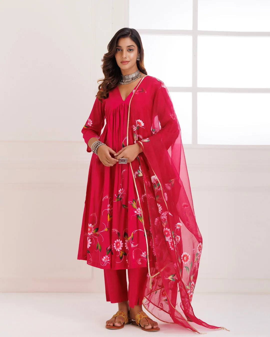 Rangreza Magenta HandPainted Gathered Suit Set - Set of 3