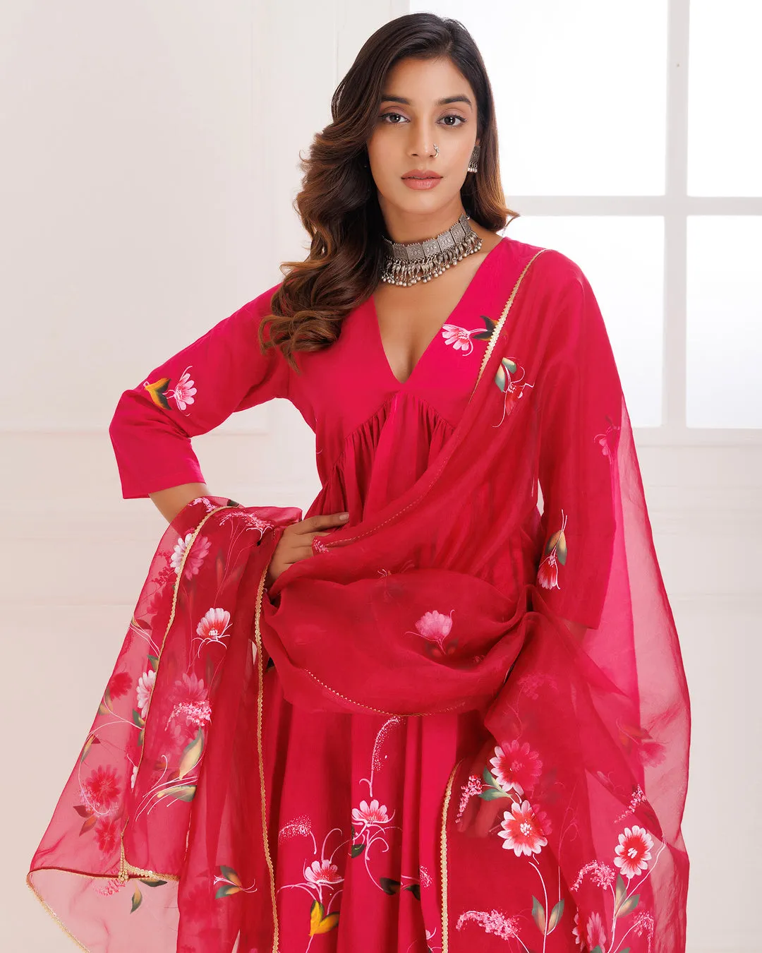 Rangreza Magenta HandPainted Gathered Suit Set - Set of 3