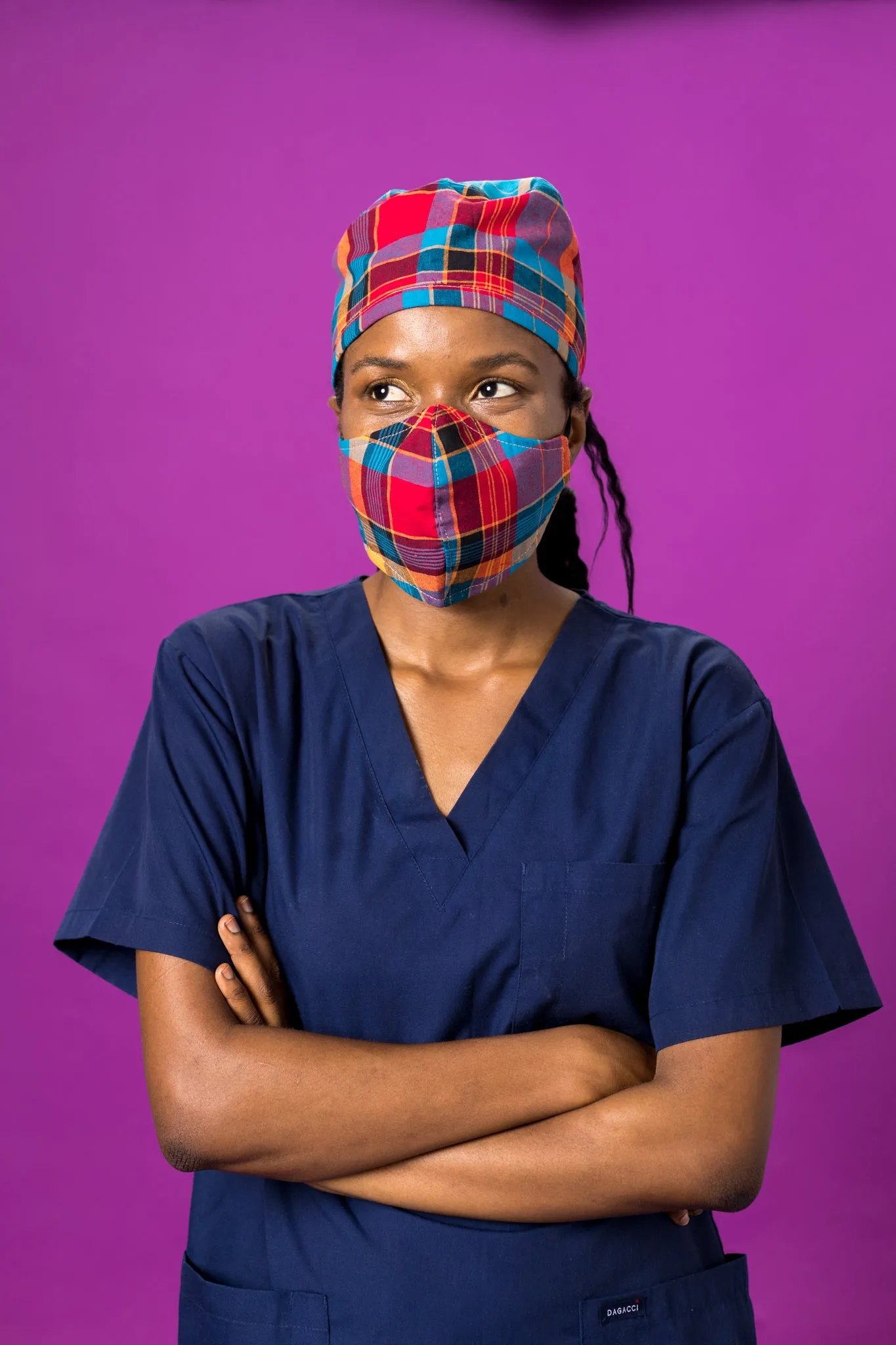 Shades of Blue Madras Surgical Cap and Facemask for Healthcare Professionals