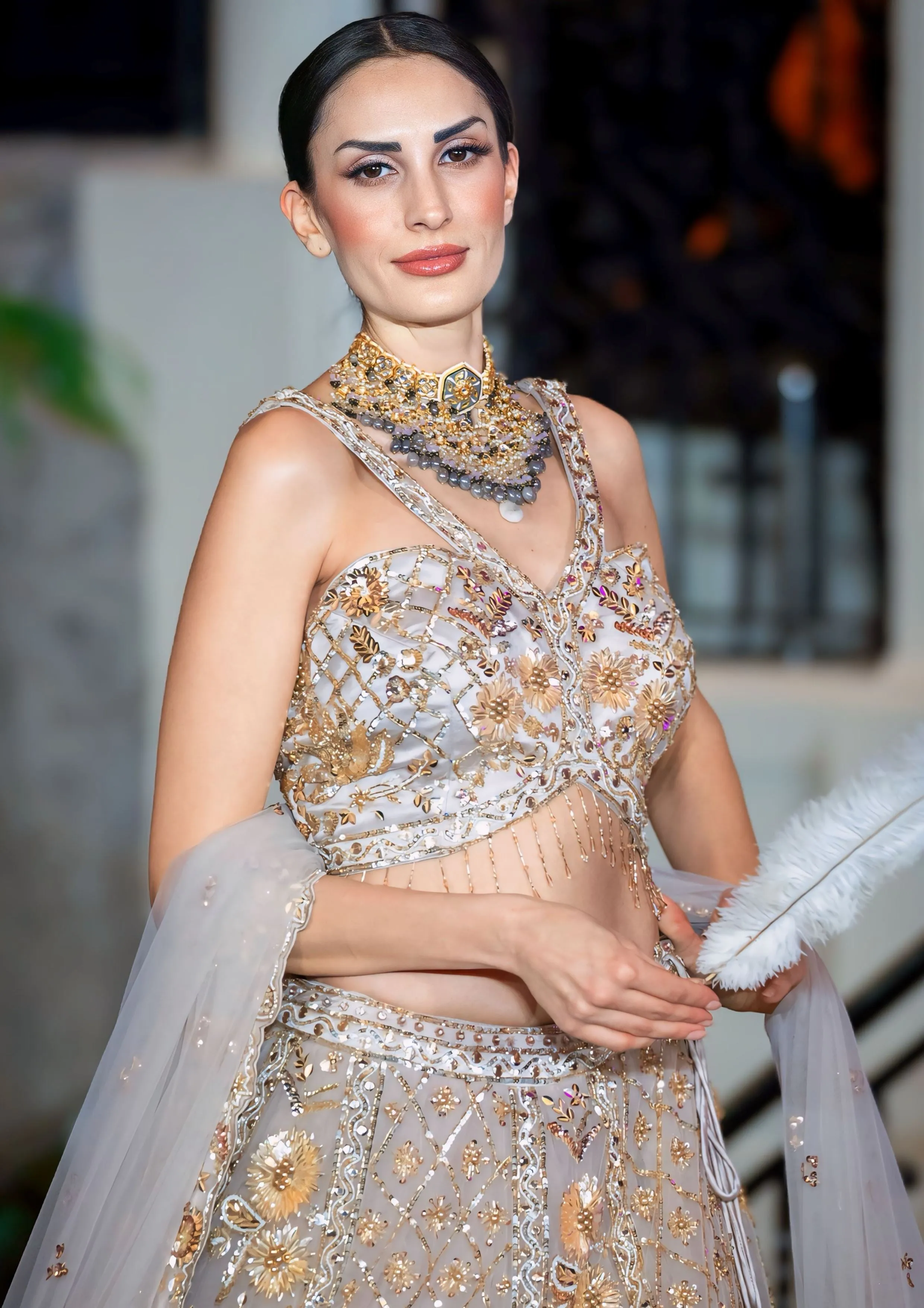 Shimmring Sampain Gold Sequinned Party Wear Bridal Lehenga