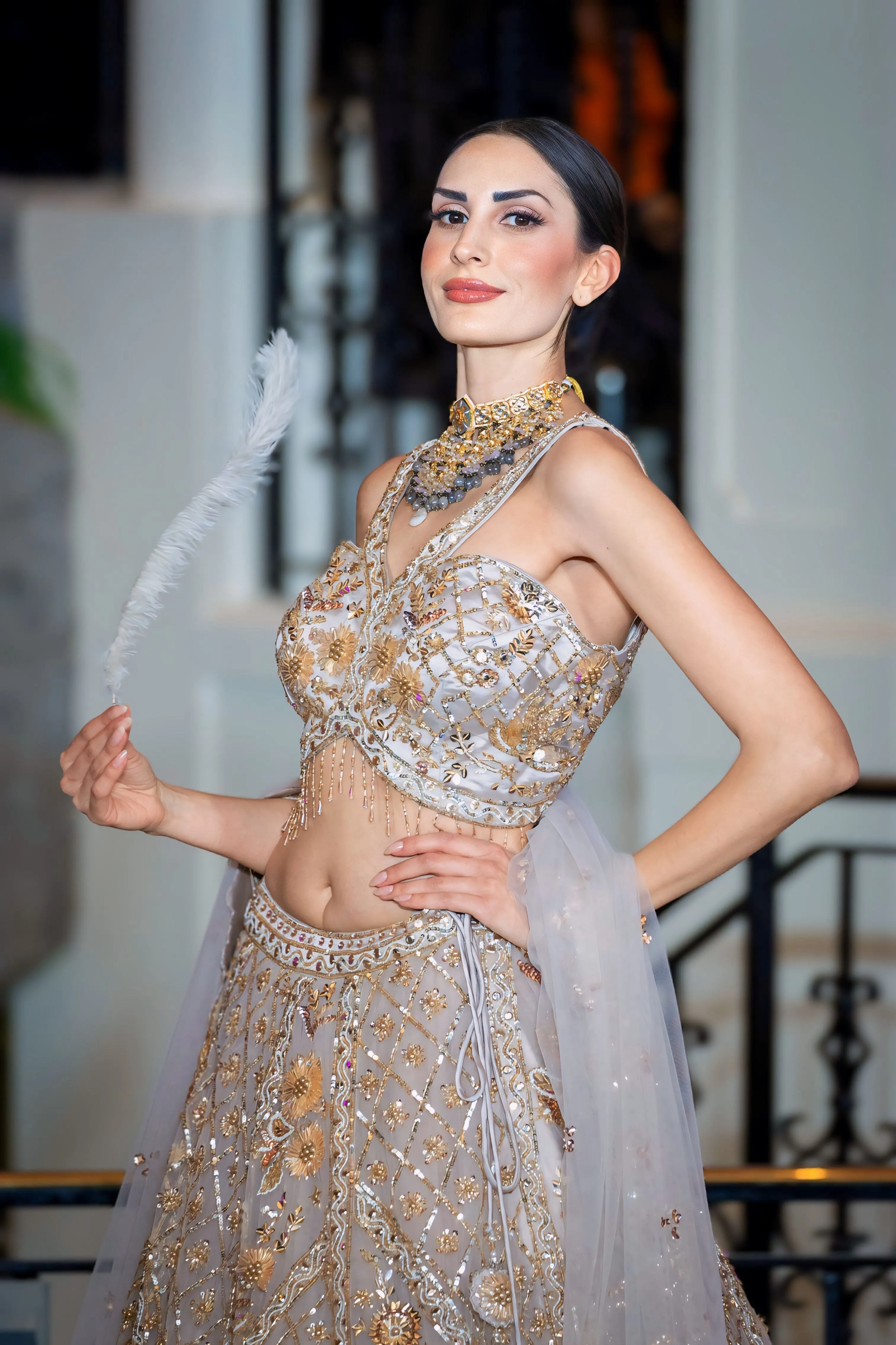 Shimmring Sampain Gold Sequinned Party Wear Bridal Lehenga