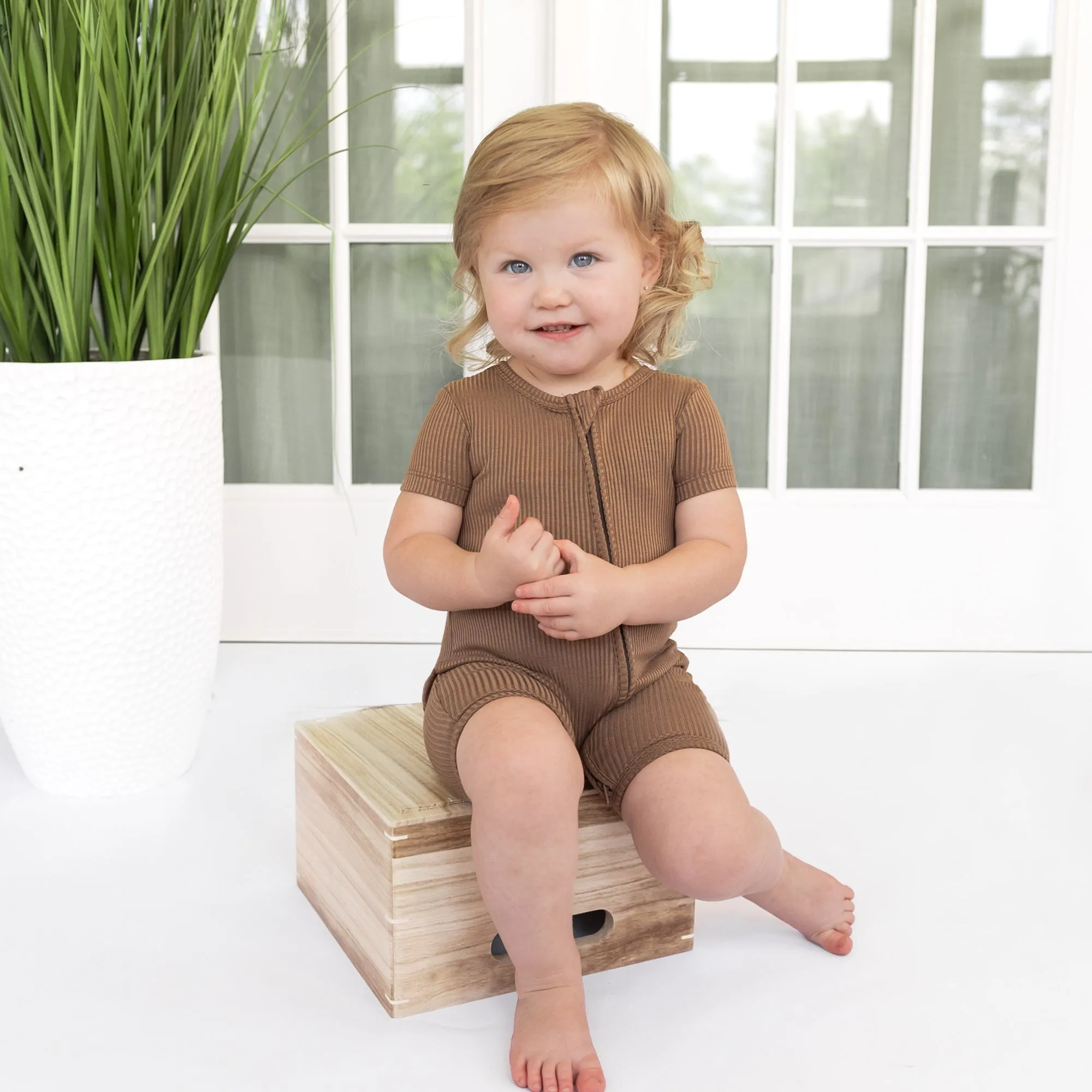 SHORTIE ZIP ROMPER - Mocha Ribbed