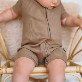 SHORTIE ZIP ROMPER - Mocha Ribbed