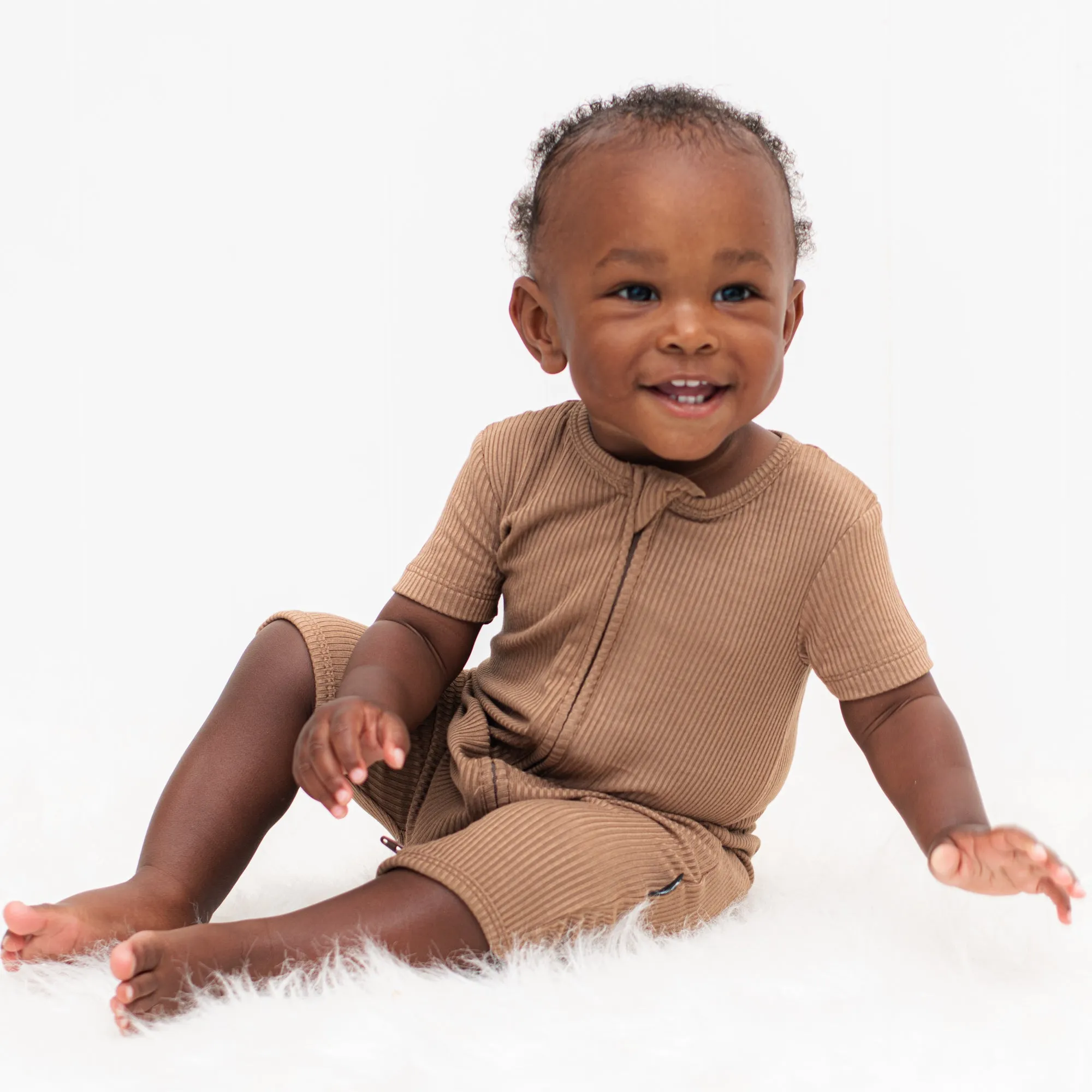 SHORTIE ZIP ROMPER - Mocha Ribbed