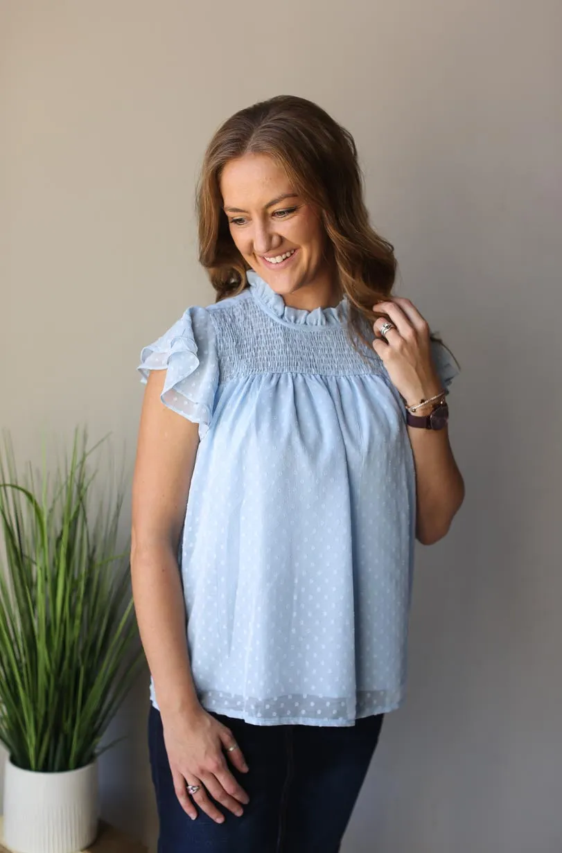 Sky Blue Swiss Dot Ruffle Sleeve Top • S, M, XL