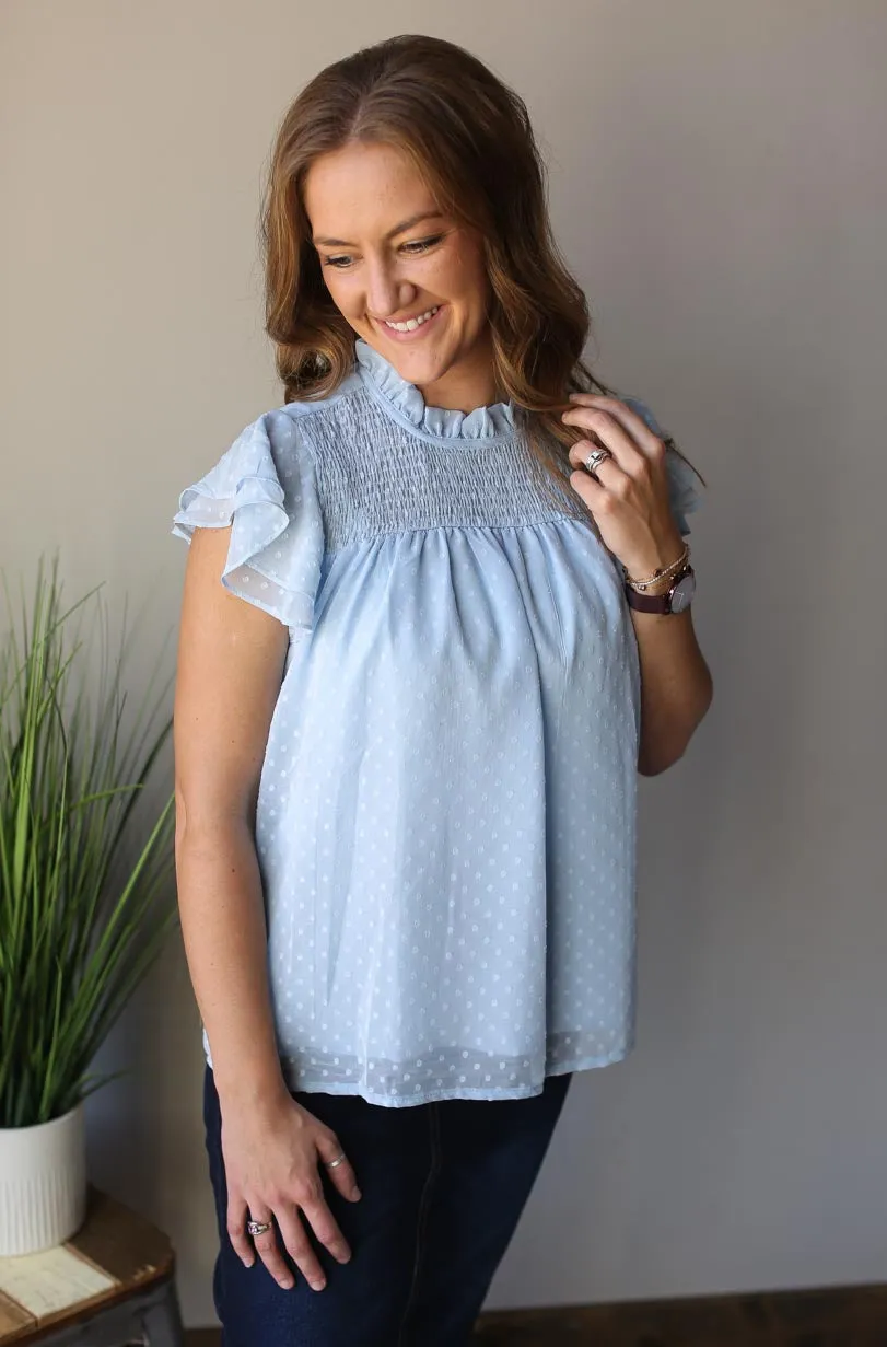 Sky Blue Swiss Dot Ruffle Sleeve Top • S, M, XL