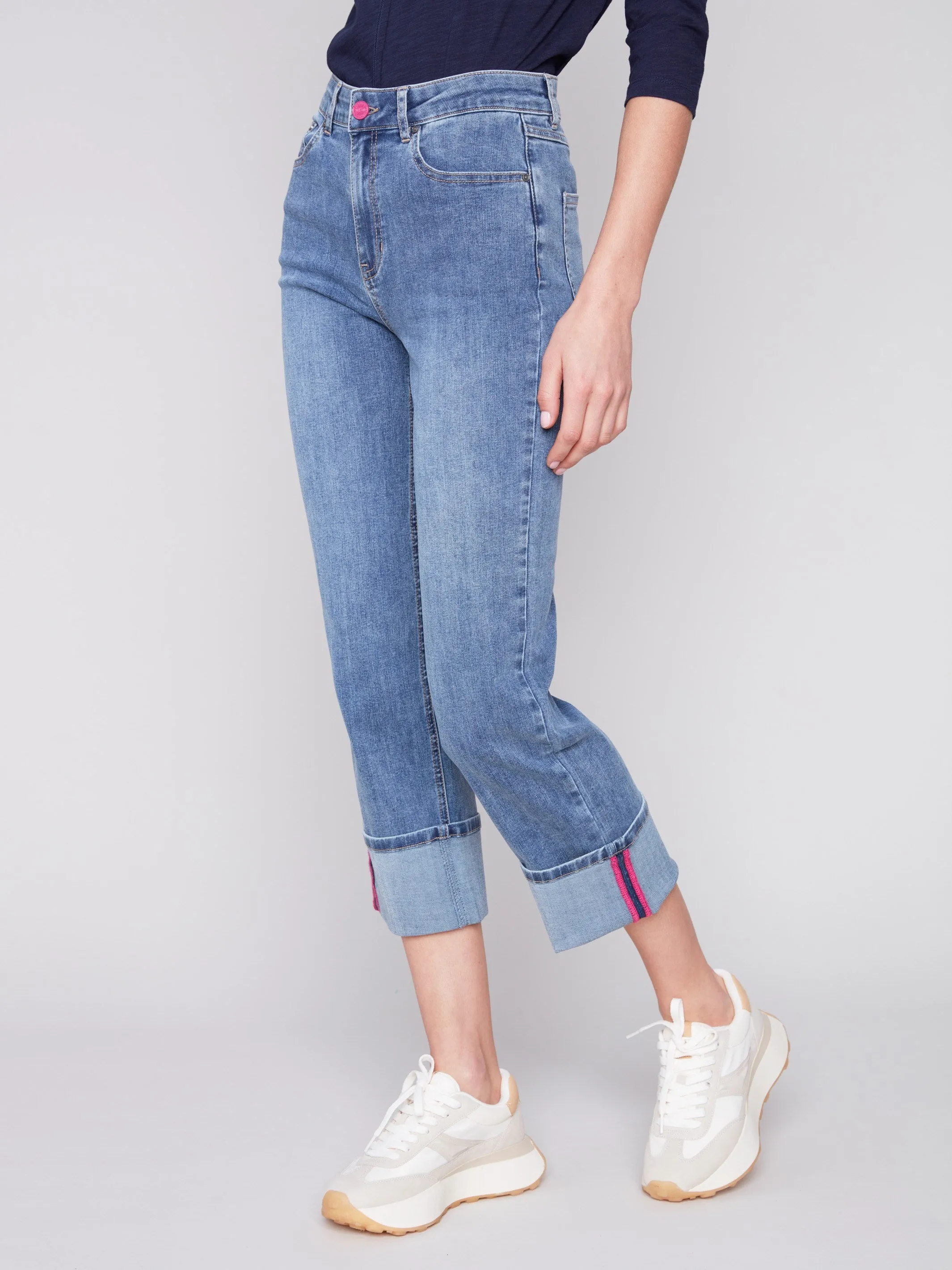 Straight Leg Jeans with Folded Cuff - Medium Blue