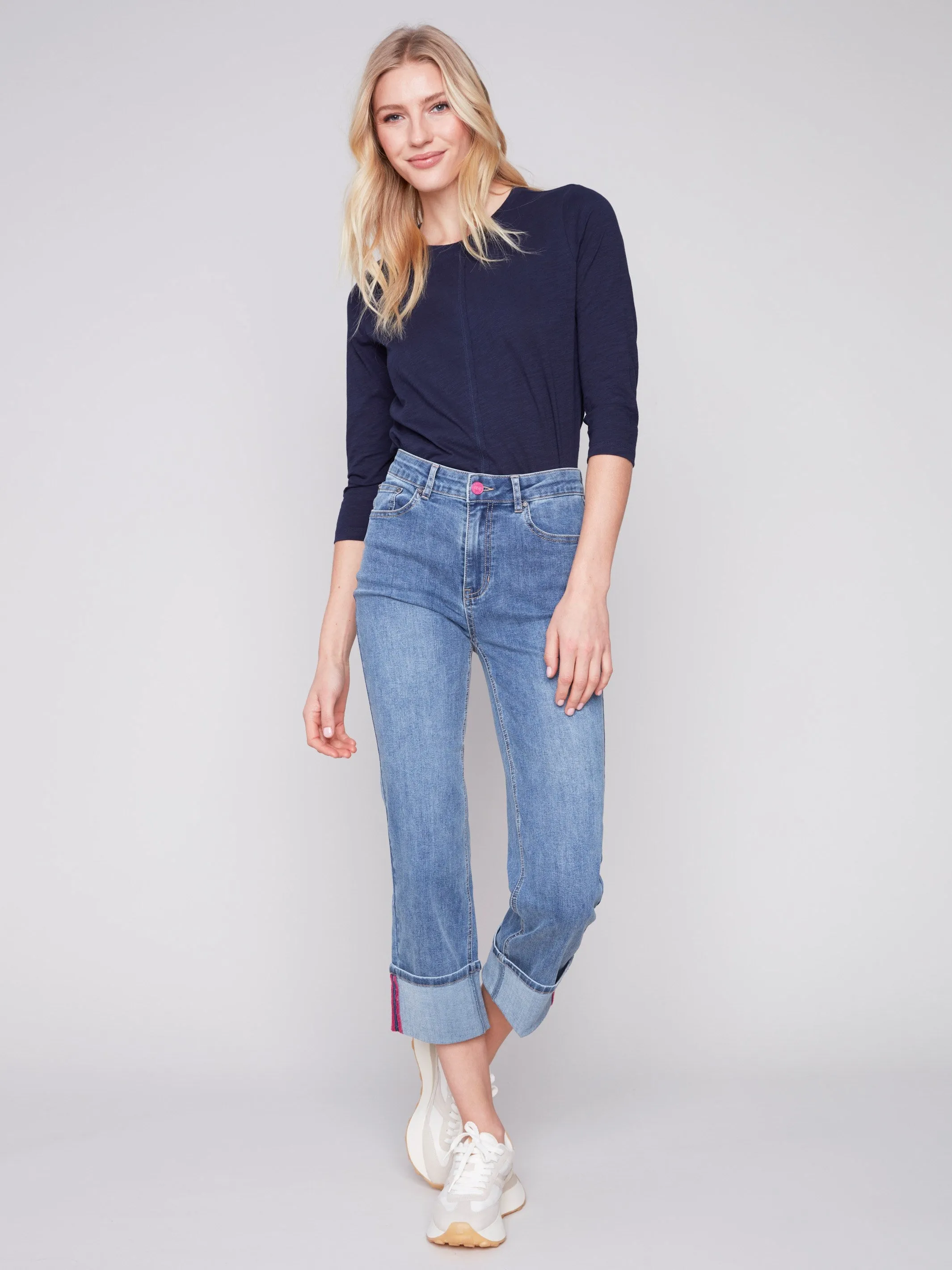 Straight Leg Jeans with Folded Cuff - Medium Blue