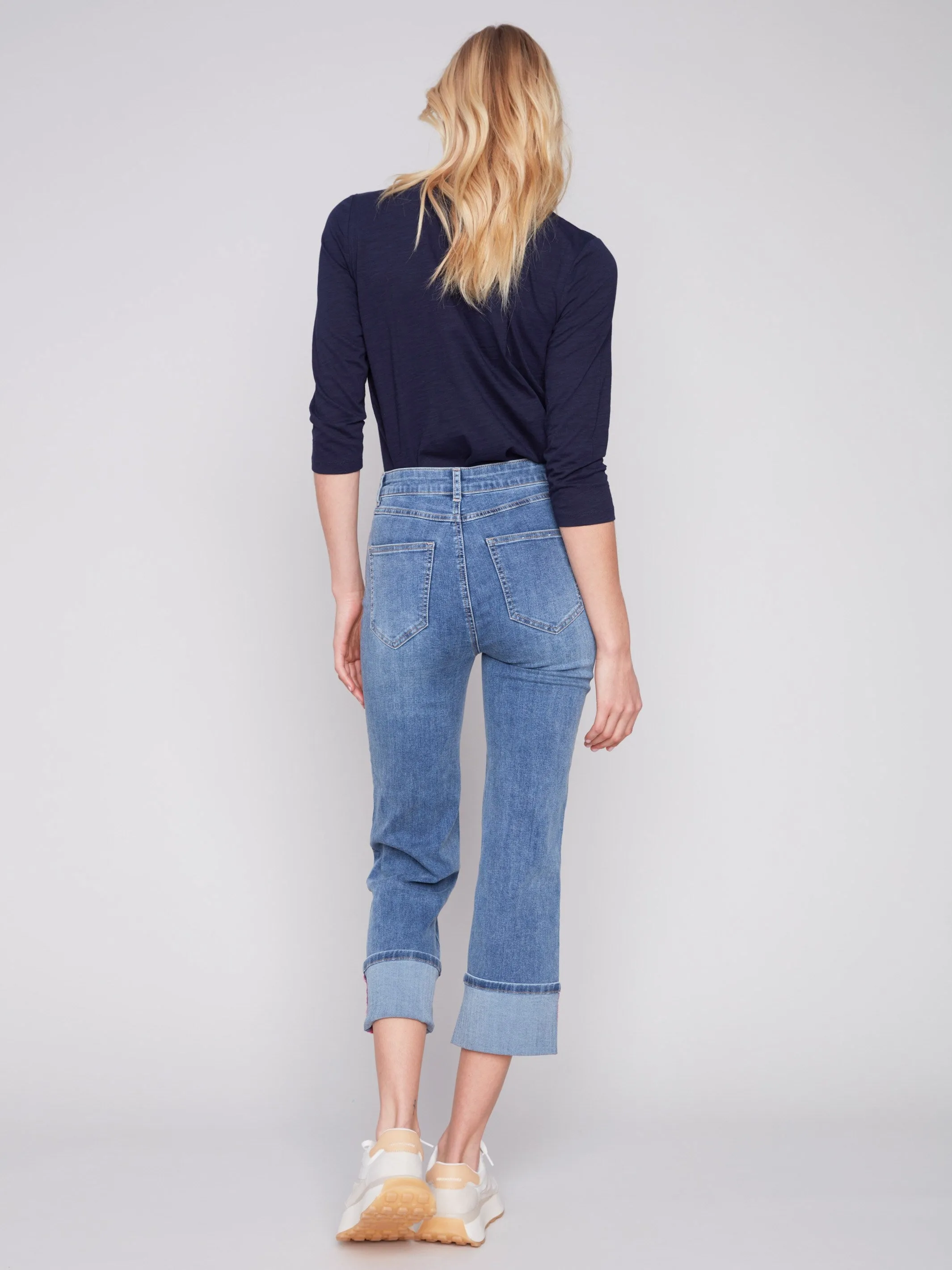 Straight Leg Jeans with Folded Cuff - Medium Blue