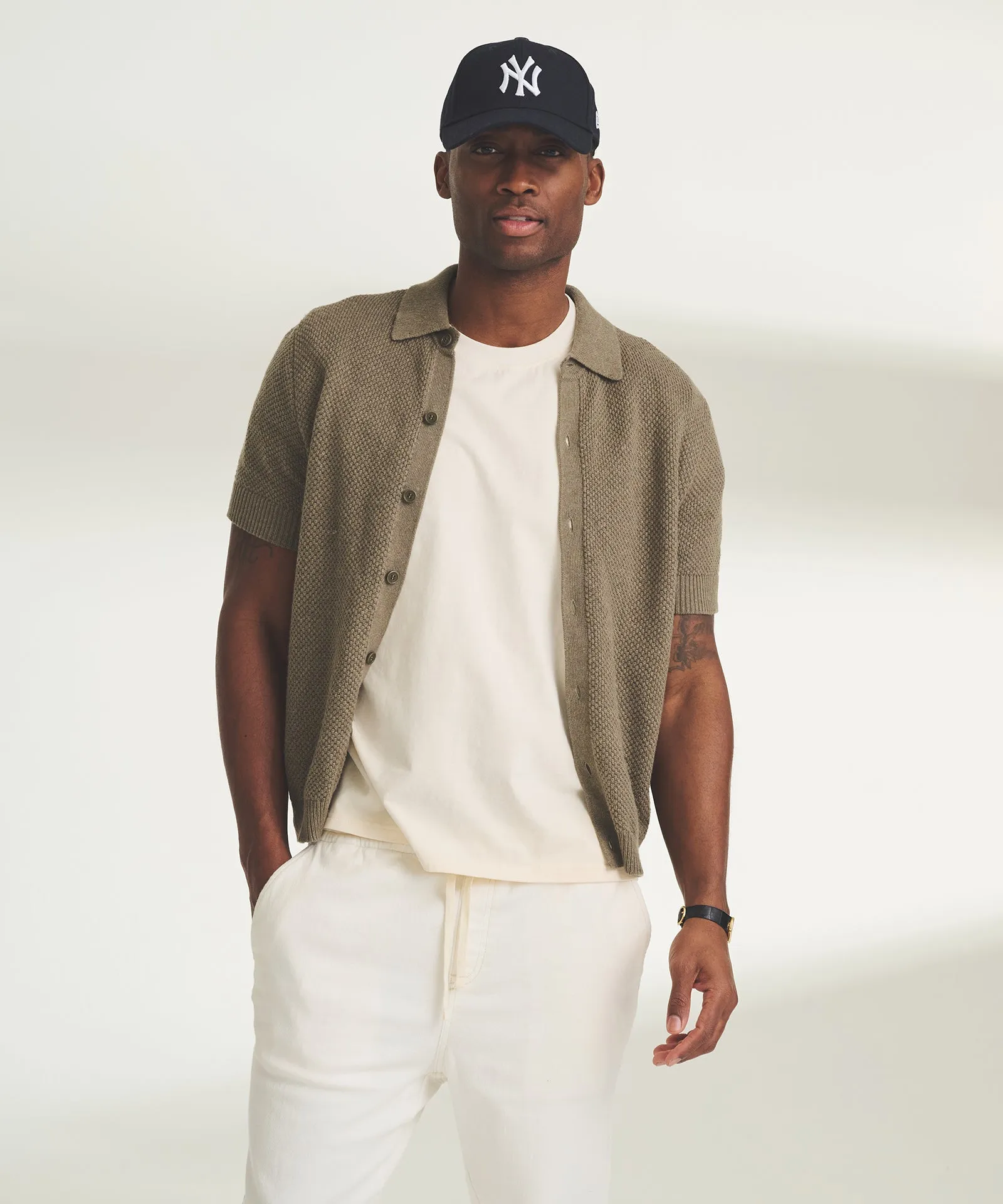 Textured Cotton Short Sleeve Button Up