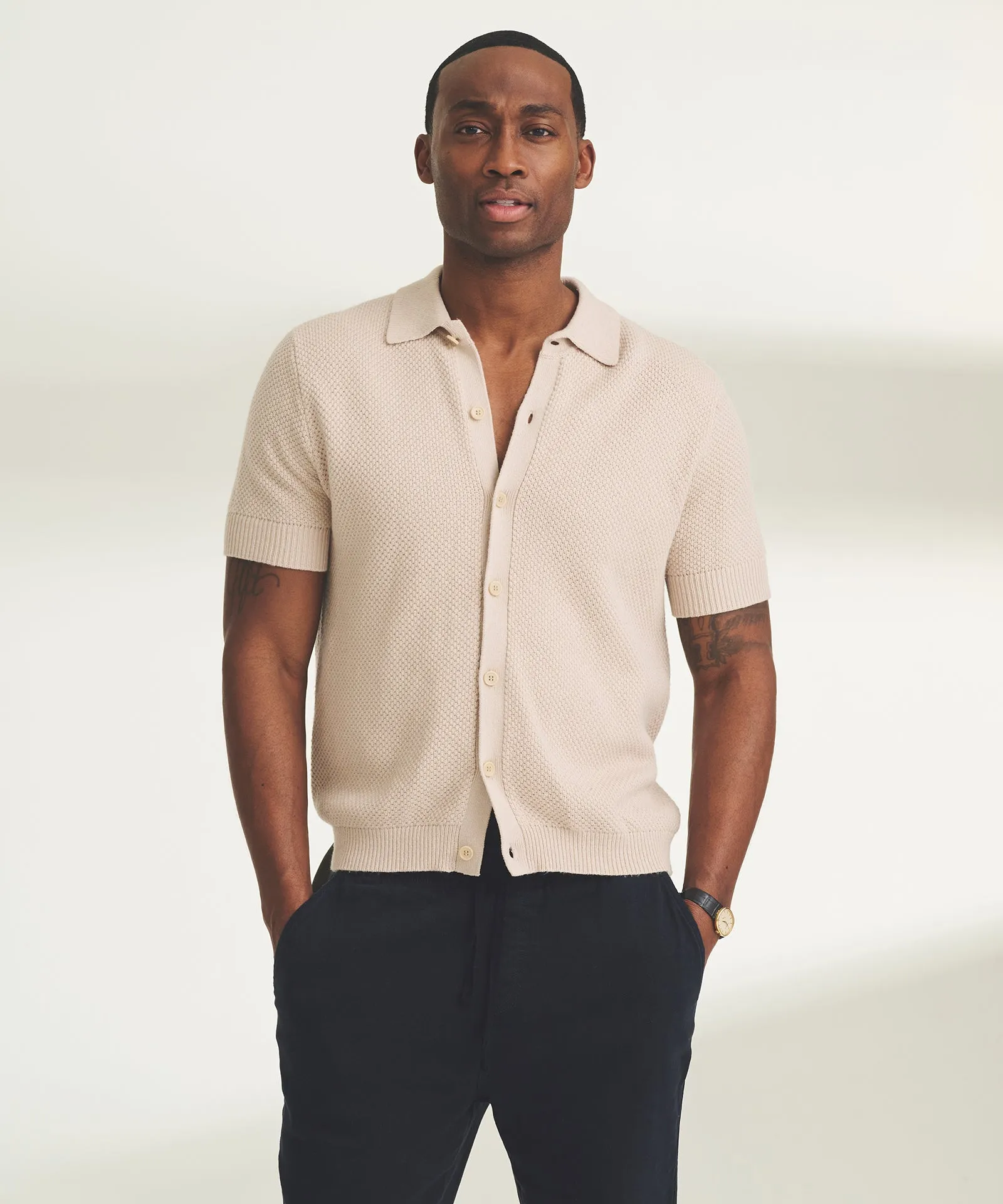 Textured Cotton Short Sleeve Button Up