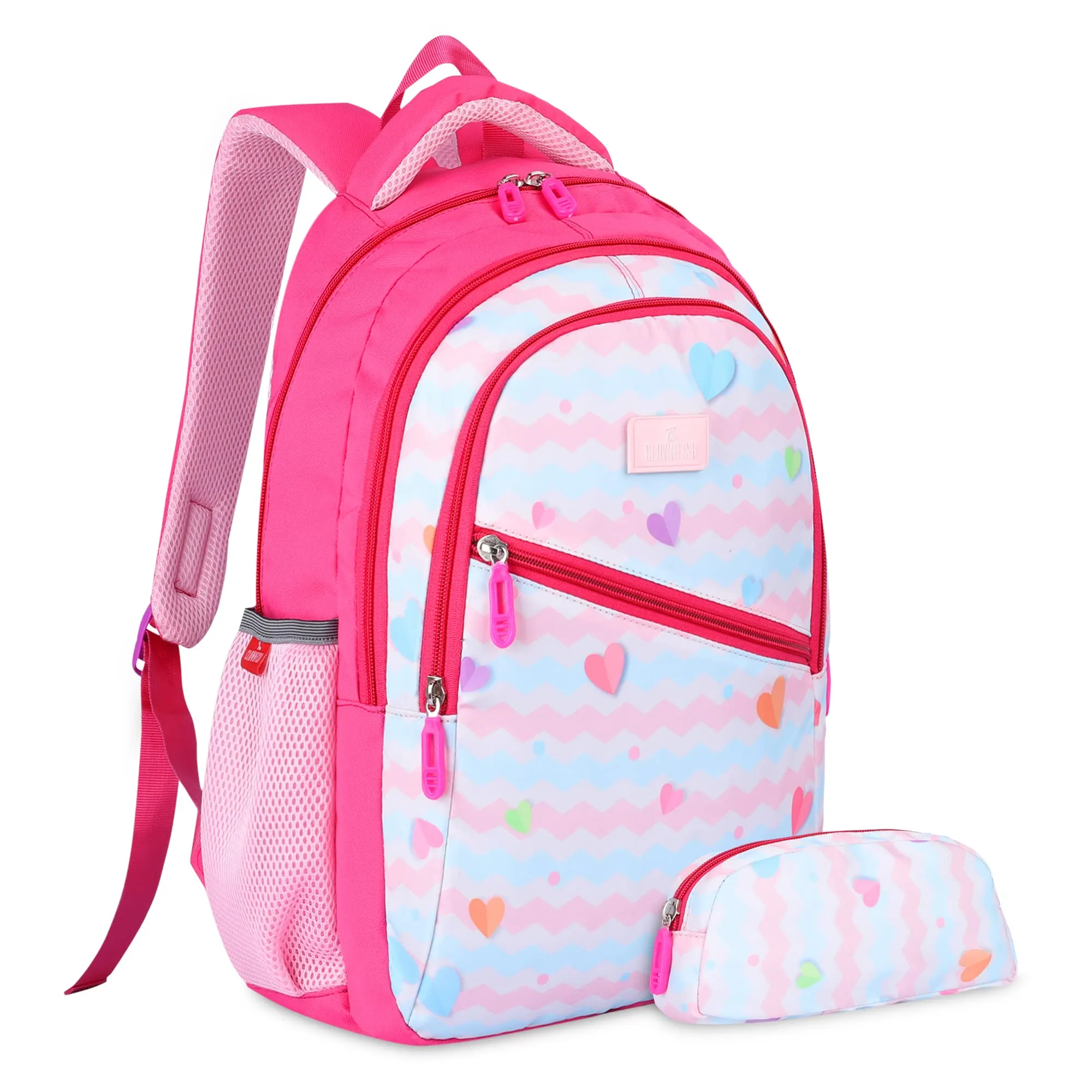 THE CLOWNFISH Brainbox Series Printed Polyester 30 L Standard Backpack With Pencil/Staionery Pouch School Bag Front Cross Zip Pocket Daypack Picnic Bag For Boys & Girls, Age 8-10 Years (Blush Pink)