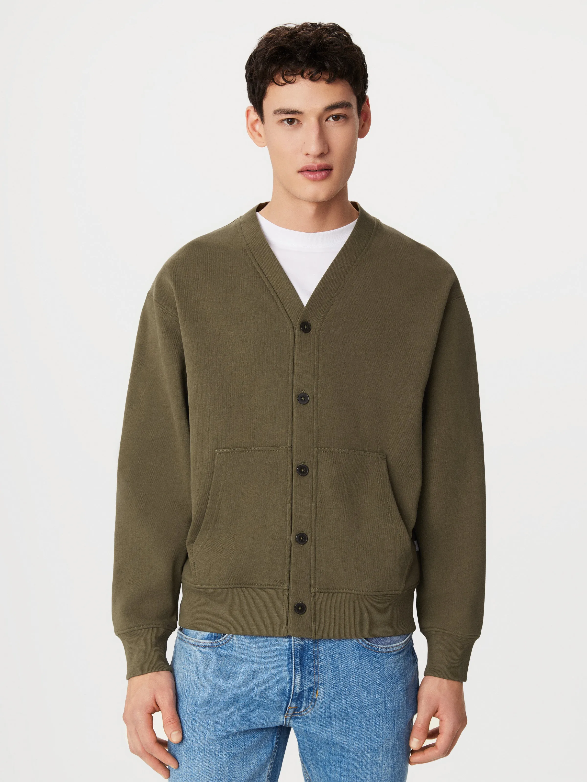 The French Terry V-Neck Cardigan in Tuscany Green