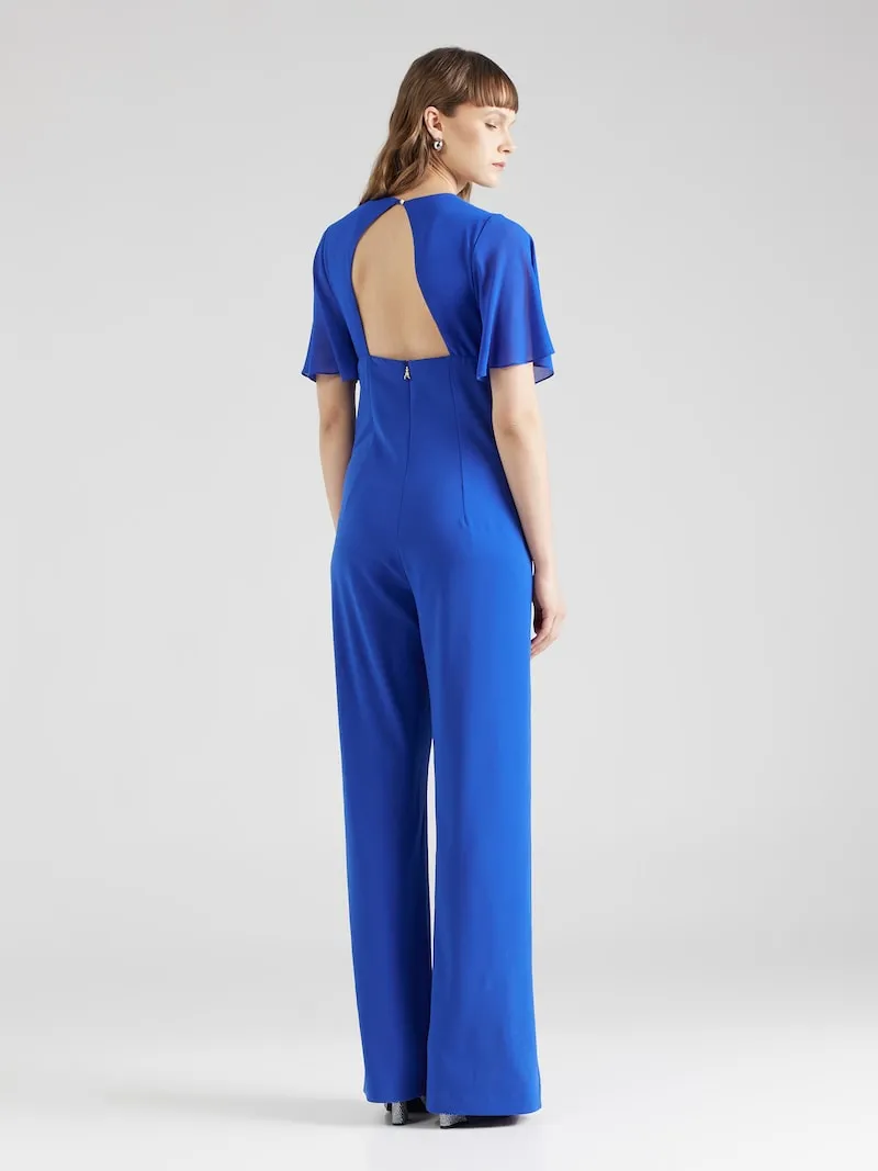 V-neck jumpsuit in sablé crepe fabric in Blue Wave