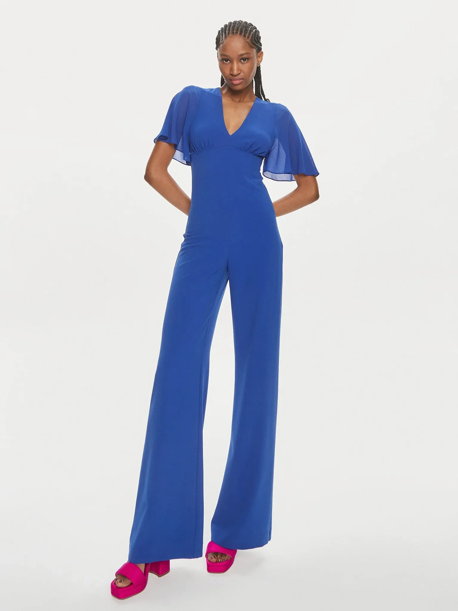 V-neck jumpsuit in sablé crepe fabric in Blue Wave