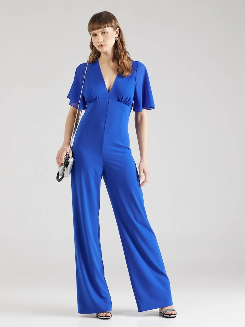 V-neck jumpsuit in sablé crepe fabric in Blue Wave