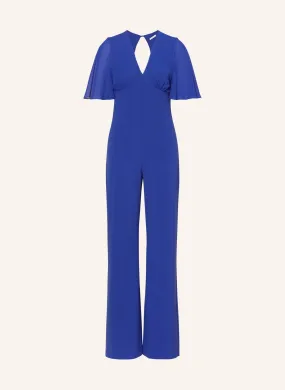 V-neck jumpsuit in sablé crepe fabric in Blue Wave